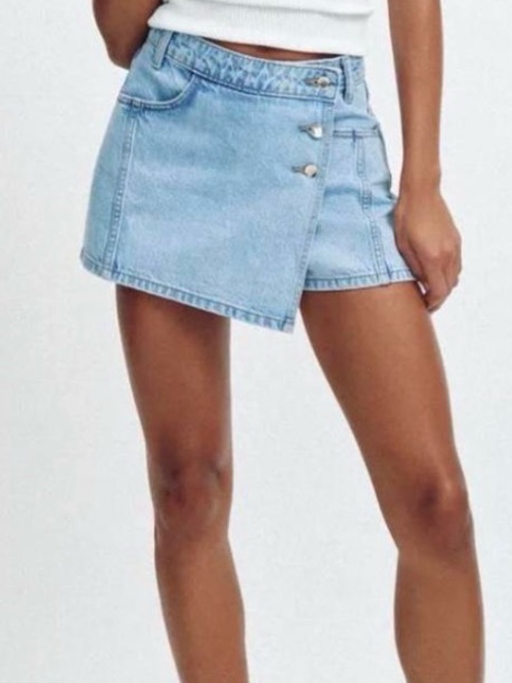 Light Wash Denim Asymmetric Wrap Skort